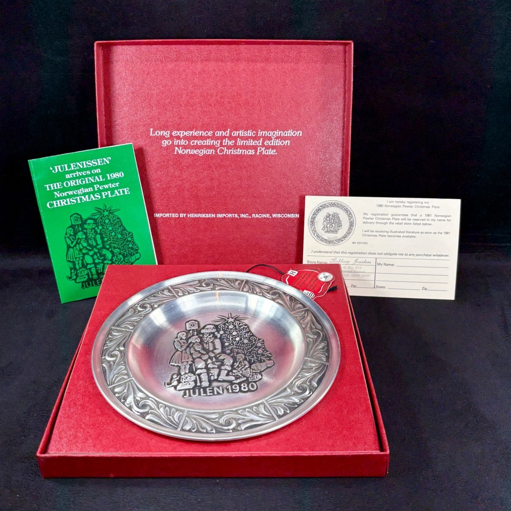 A. Holthe Norway Pewter Plate Julen 1980 Christmas‎ Plate 8th Edition Tags Box